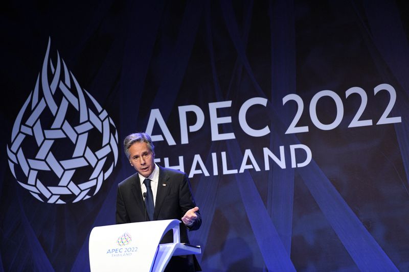 &copy; Reuters. وزير الخارجية الأمريكي أنتوني بلينكن خلال مؤتمرصحفي في بانكوك  بتايلاند يوم 17 نوفمبر تشرين الثاني 2022. تصوير: شالين ثيراسوبا - رويترز.