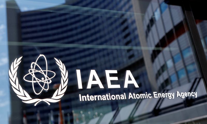 &copy; Reuters. FILE PHOTO: The logo of the International Atomic Energy Agency (IAEA) is seen at their headquarters during a board of governors meeting, amid the coronavirus disease (COVID-19) outbreak in Vienna, Austria, June 7, 2021.   REUTERS/Leonhard Foeger