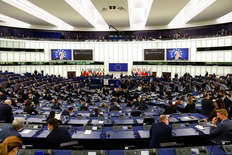 &copy; Reuters. FILE PHOTO: General view of the plenary room as the EU Parliament holds a ceremony to pay tribute to late European Parliament President David Sassoli, in Strasbourg, France, January 17, 2022. REUTERS/Gonzalo Fuentes