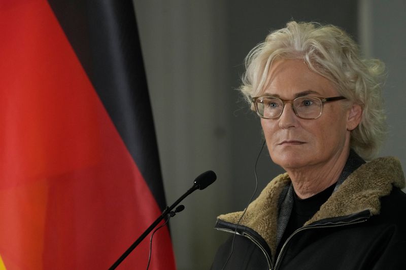 &copy; Reuters. FILE PHOTO: German Defence Minister Christine Lambrecht attends a news conference, on the day of the NATO enhanced Forward Presence German-led battle group inauguration ceremony, in Rukla, Lithuania October 8, 2022. REUTERS/Ints Kalnins