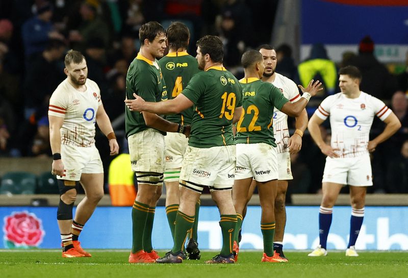 &copy; Reuters. Rugby Union - International - England v South Africa - Twickenham Stadium, London, Britain - November 26, 2022 South Africa's Marco van Staden celebrates with teammates after the match Action Images via Reuters/Andrew Boyers