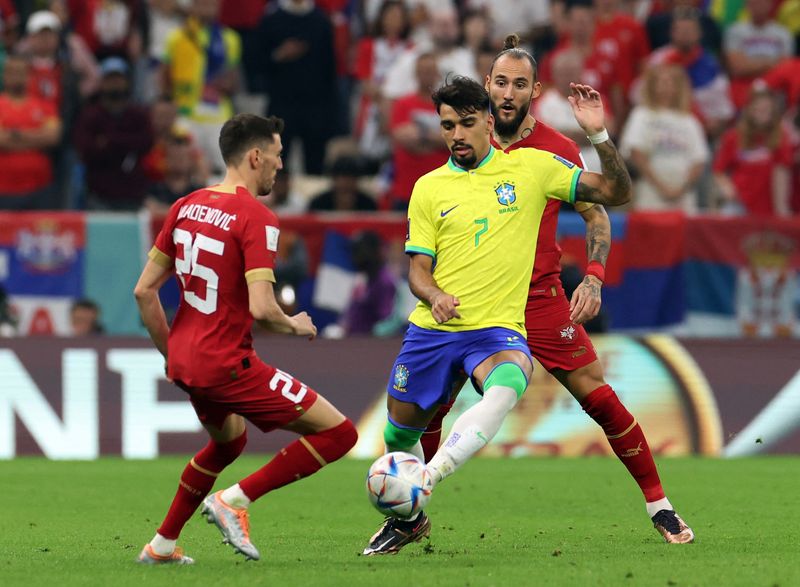 &copy; Reuters. Lucas Paquetá durante partida do Brasil contra a Sérvia na Copa do Mundo
24/11/2022
REUTERS/Amanda Perobelli