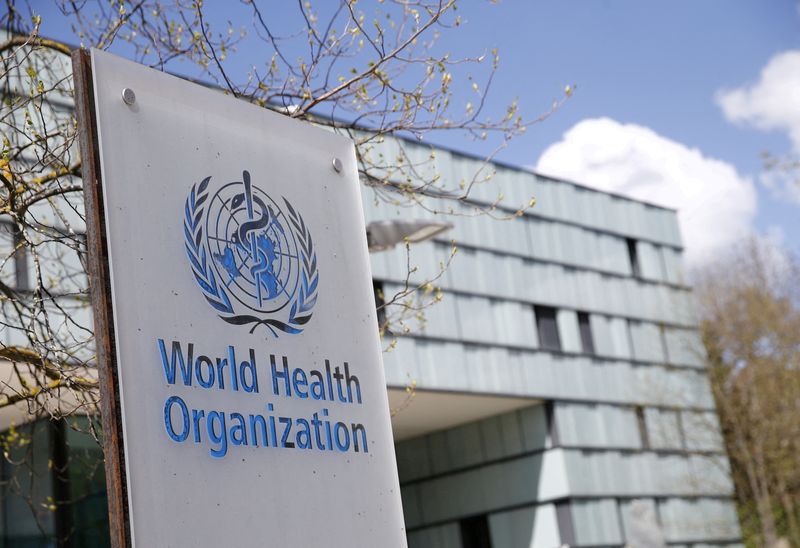 &copy; Reuters. FILE PHOTO: A logo is pictured outside a building of the World Health Organization (WHO) in Geneva, Switzerland, April 6, 2021. REUTERS/Denis Balibouse/File Photo