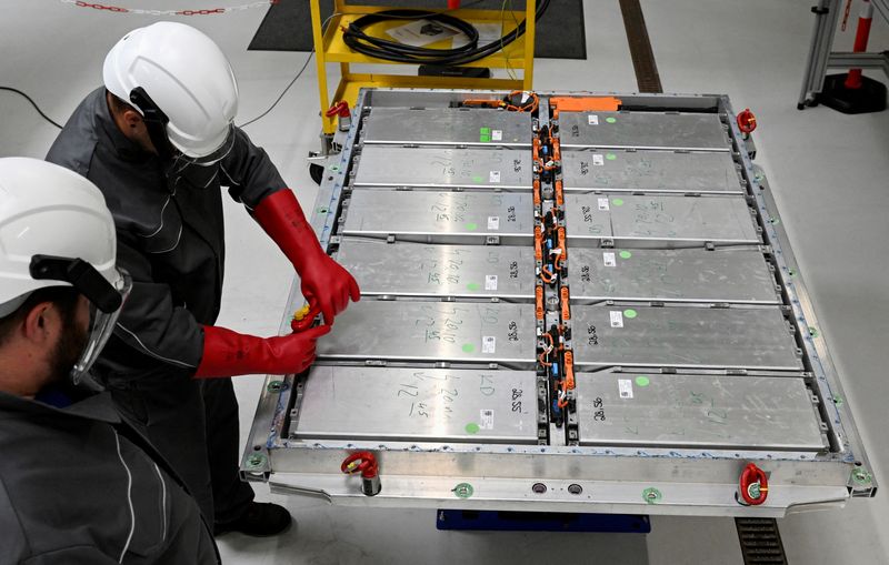 &copy; Reuters. FILE PHOTO: Volkswagen employees disconnect old battery systems from all their parts in a battery recycling plant in a pilot line for battery cell production in Salzgitter, Germany, May 18, 2022. German carmaker will launch its so called "Mission SalzGiga