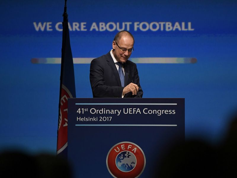 &copy; Reuters. FILE PHOTO: Tibor Navracsics speaks during the 41st Ordinary UEFA Congress at the Fair Centre Messukeskus in Helsinki, Finland April 5, 2017. Lehtikuva/Markku Ulander/via REUTERS  