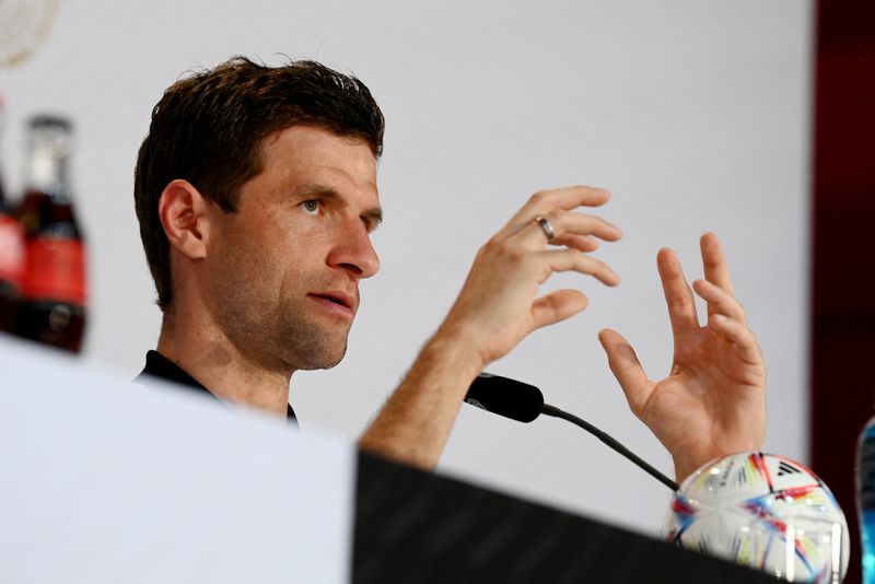 &copy; Reuters. Thomas Mueller durante entrevista coletiva na Copa do Mundo do Catar
29/11/2022 REUTERS/Annegret Hilse