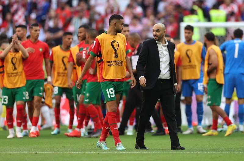 &copy; Reuters. Técnico da seleção de Marrocos, Walid Regragui, após partida contra a Croácia na Copa do Mundo do Catar
23/11/2022 REUTERS/Carl Recine