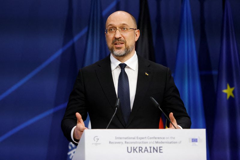 &copy; Reuters. FILE PHOTO: Ukrainian Prime Minister Denys Shmyhal speaks during a post-war reconstruction of Ukraine conference in Berlin, Germany, October 25, 2022. REUTERS/Michele Tantussi