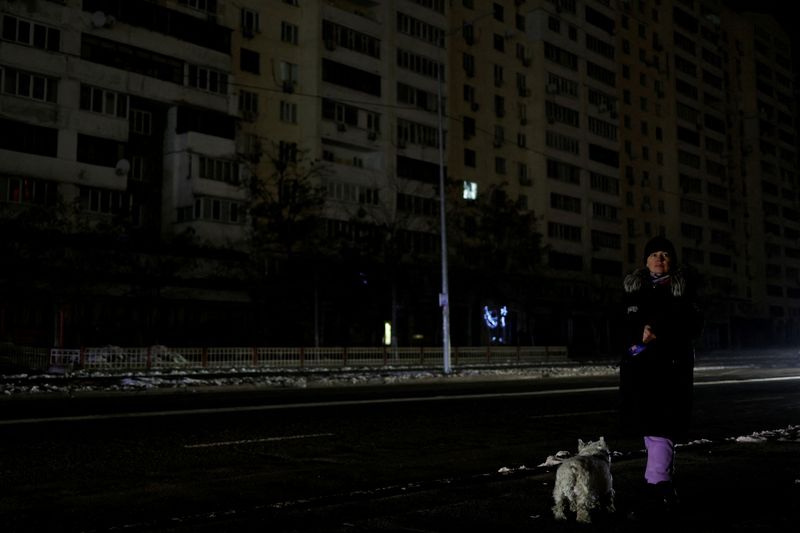 &copy; Reuters. FILE PHOTO: A woman with a dog waits for a bus in a street without electricity after critical civil infrastructure was hit by Russian missile attacks, amid Russia's invasion of Ukraine, in Kyiv, Ukraine November 23, 2022. REUTERS/Valentyn Ogirenko