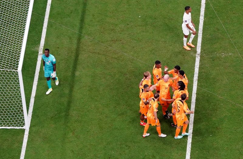 &copy; Reuters. لاعبون من منتخب هولندا يحتفلون بإحراز الهدف الثاني في شباك قطر بكأس العالم يوم الثلاثاء. تصوير: جون سيبلي - رويترز.