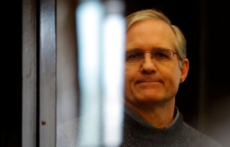 &copy; Reuters. FILE PHOTO: Former U.S. Marine Paul Whelan, who was detained and accused of espionage, stands inside a defendants' cage during his verdict hearing in Moscow, Russia June 15, 2020. REUTERS/Maxim Shemetov