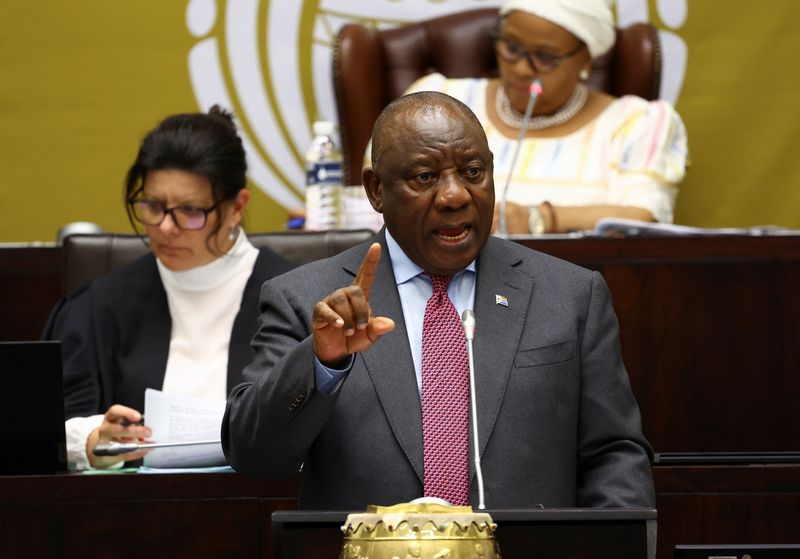 &copy; Reuters. FILE PHOTO: South African President Cyril Ramaphosa reacts to National Assembly members' questions in parliament in Cape Town, South Africa, November 3, 2022. REUTERS/Esa Alexander