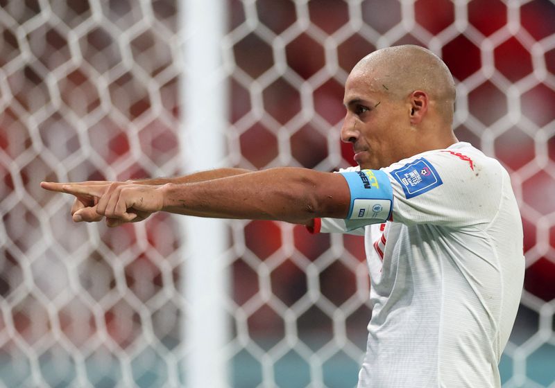 &copy; Reuters. Atacante da seleção da Tunísia Wahbi Khazri comemora gol marcado contra a França na Copa do Mundo do Catar
30/11/2022 REUTERS/Carl Recine