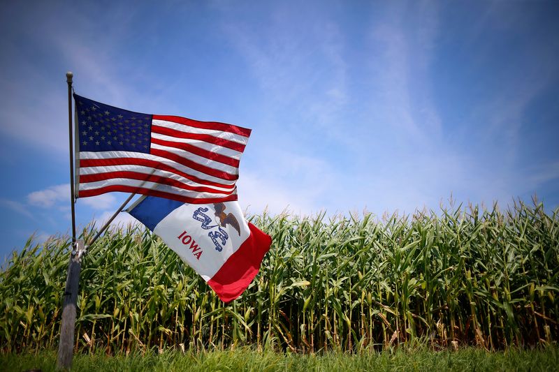 &copy; Reuters. FILE PHOTO: A U.S. and Iowa state flags are seen next to a corn field in Grand Mound, Iowa, United States, August 16, 2015. Iowa will be the first state to hold its primary, with both Democratic and Republican events being held February 1, 2016.  Picture 