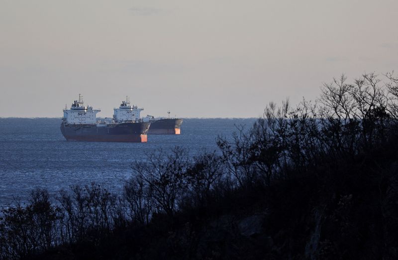 © Reuters. Crude oil tankers, including Troitsky Bridge vessel, lie at anchor in Nakhodka Bay near the port city of Nakhodka, Russia, December 4, 2022. REUTERS/Tatiana Meel