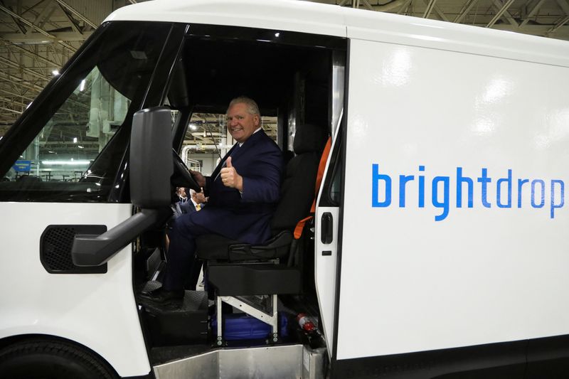 &copy; Reuters. Ontario Premier Doug Ford sits behind the wheel of EV600 during the opening of automaker General Motors (GM) Brightdrop unit's CAMI EV Assembly, Canada's first full-scale electric vehicle manufacturing plant, in Ingersoll, Ontario, Canada December 5, 2022