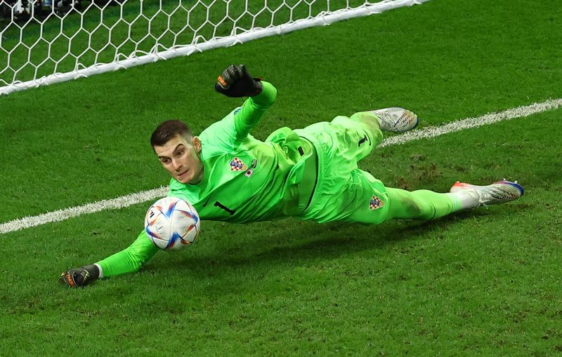 &copy; Reuters. Goleiro da seleção da Croácia Dominic Livakovic defende pênalti cobrado por Kaoru Mitoma, do Japão, durante decisão por pênaltis entre as seleções dos dois países nas oitavas de final da Copa do Mundo do Catar
05/12/2022 REUTERS/Lee Smith  