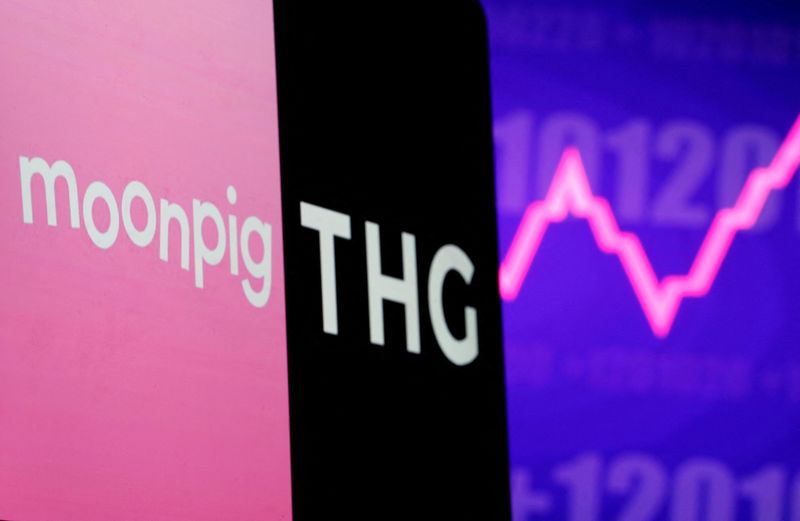 © Reuters. FILE PHOTO: Moonpig and THG (The Hut Group) logos are seen on laptop in front of displayed stock graph in this illustration taken, January 12, 2021. REUTERS/Dado Ruvic/Illustration/File Photo