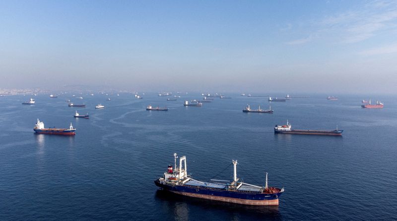 &copy; Reuters. FILE PHOTO: Commercial vessels including vessels which are part of Black Sea grain deal wait to pass the Bosphorus strait off the shores of Yenikapi during a misty morning in Istanbul, Turkey, October 31, 2022. REUTERS/Umit Bektas/File Photo