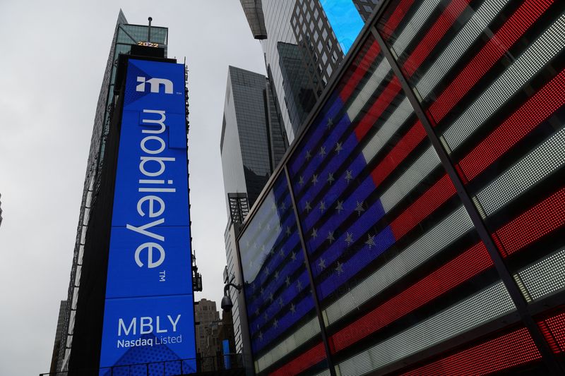&copy; Reuters. FILE PHOTO: The listing of Mobileye Global Inc., the self-driving unit of chip maker Intel Corp, is seen on a jumbotron outside the Nasdaq MarketSite at Times Square in New York City, U.S., October 26, 2022.  REUTERS/Shannon Stapleton