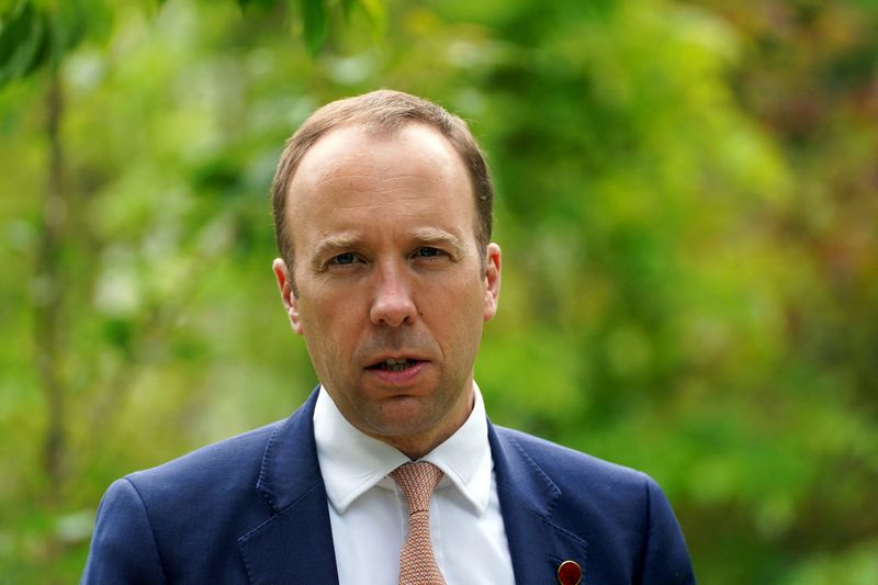 &copy; Reuters. FILE PHOTO: British Secretary of State for Health, Matt Hancock speaks at a memorial tree planting ceremony at Oxford Botanic Gardens, following a G7 health ministers meeting,  ahead of the G7 leaders' summit, at Mansfield College, Oxford University in Ox