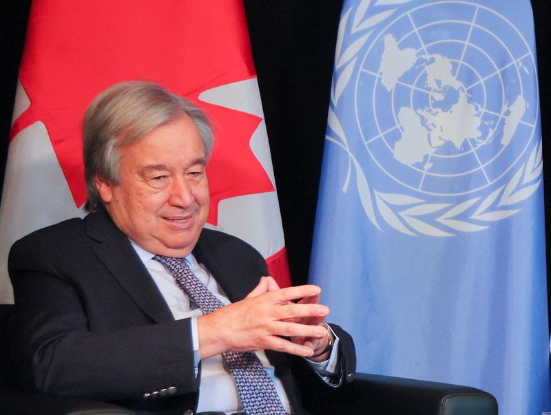 &copy; Reuters. الأمين العام للأمم المتحدة أنطونيو جوتيريش أثناء اجتماع في مونتريال في كندا يوم الأربعاء. تصوير: كريستين موشي - رويترز.