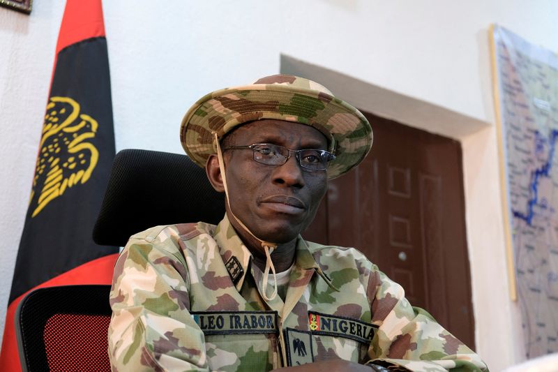&copy; Reuters. FILE PHOTO: Major General Lucky Irabor, commander of the Nigerian military's operation against Islamist insurgency Boko Haram in the country's northeast, speaks to media during an interview in Maiduguri, Nigeria February 15, 2017.        To match Special 