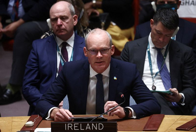 &copy; Reuters. FILE PHOTO: Irish Foreign Minister Simon Coveney attends a high level meeting of the United Nations Security Council on the situation amid Russia's invasion of Ukraine, at the 77th Session of the United Nations General Assembly at U.N. Headquarters in New