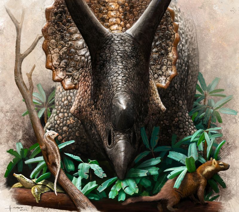 &copy; Reuters. Una ilustración sin fecha muestra al dinosaurio Triceratops prorsus junto a mamíferos placentarios (izquierda) y marsupiales (derecha) en la maleza, en el crepúsculo de la era de los dinosaurios hace 66 millones de años.    Henry Sharpe/Handout via RE