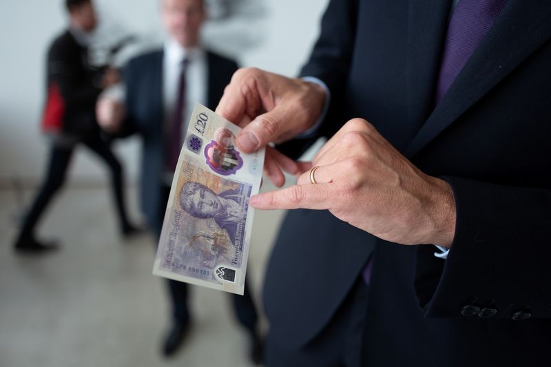 &copy; Reuters. A sample of the new twenty pound note is seen during the launch event for the new note design at the Turner Contemporary gallery in Margate, Britain, October 10, 2019. Leon Neal/Pool via REUTERS