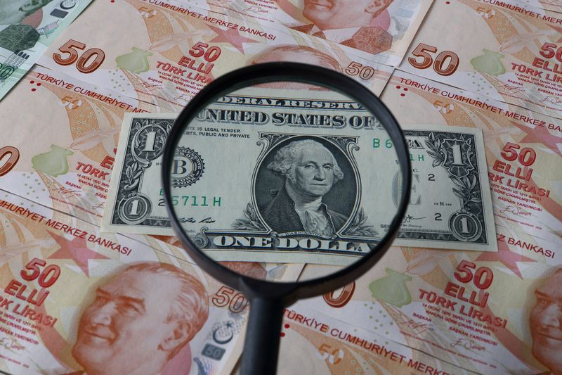 &copy; Reuters. FILE PHOTO: A U.S. one dollar banknote is seen through a magnifying lens on top of Turkish lira banknotes in this illustration taken in Istanbul, Turkey November 23, 2021. REUTERS/Murad Sezer/Illustration/File Photo