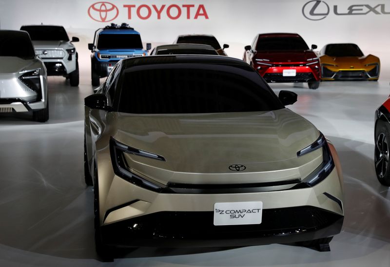 &copy; Reuters. FILE PHOTO: Toyota Motor Corporation's bZ Compact SUV is pictured after a briefing on the company's strategies on battery EVs in Tokyo, Japan, December 14, 2021. REUTERS/Kim Kyung-Hoon