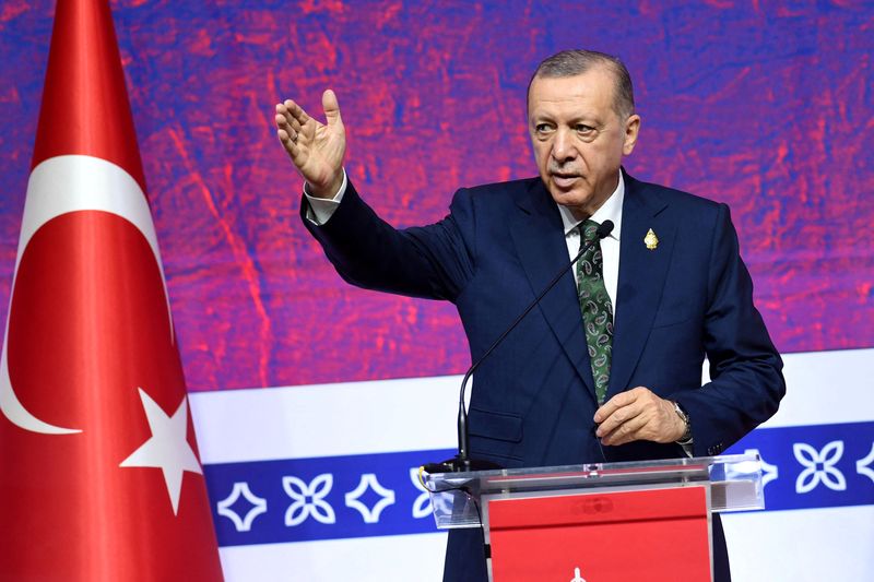 &copy; Reuters. FILE PHOTO: President of Turkey Recep Tayyip Erdogan delivers his messages to the journalists in G20 Summit's news conference in Media Center, BICC, Nusa Dua, Badung Regency, Bali, Indonesia, November 16, 2022.  ADITYA PRADANA PUTRA/G20 Media Center/Hando