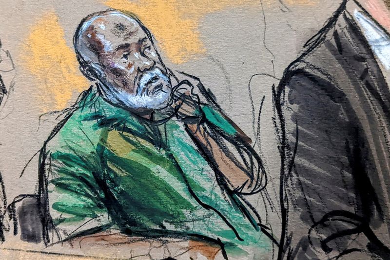© Reuters. Abu Agila Mohammad Mas'ud Kheir Al-Marimi, also known as Mohammed Abouajela Masud, accused of making the bomb that blew up Pan Am flight 103 over Lockerbie in Scotland in 1988, is shown listening in this courtroom sketch drawn during an initial court appearance in U.S. District Court in Washington, U.S. December 12, 2022.  REUTERS/Bill Hennessy