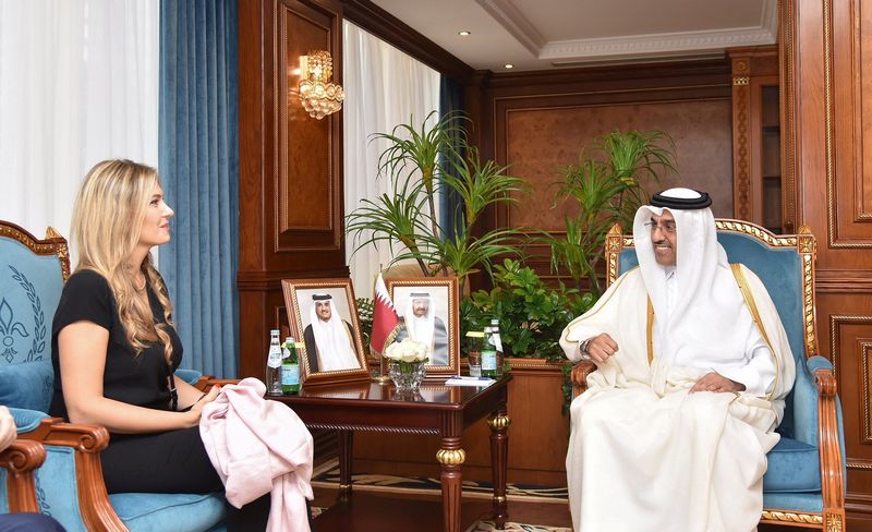 &copy; Reuters. FILE PHOTO:  Ali bin Samikh Al Marri, Qatar's minister of labour, speaks with Greece's Eva Kaili, vice president of the European Parliament, during a meeting in Qatar, October 31, 2022 in this social media handout image. Twitter/Ministry of Labour - State