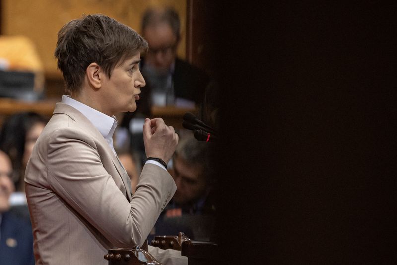 &copy; Reuters. FILE PHOTO: Serbia's Prime Minister-designate Ana Brnabic presents government program in the Parliament in Belgrade, Serbia, October 25, 2022. REUTERS/Marko Djurica