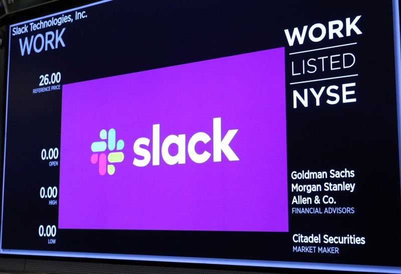 &copy; Reuters. FILE PHOTO: The Slack Technologies Inc. logo is seen on a display on the floor of the New York Stock Exchange (NYSE) during the company's IPO in New York, U.S. June 20, 2019.  REUTERS/Brendan McDermid