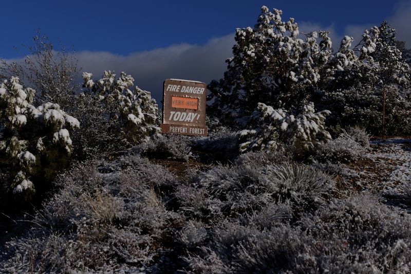 © Reuters. Fresh snow is shown on a fire danger sign near the side of a mountain highway near Taylor, California, U.S., December 13, 2022.  REUTERS/Mike Blake