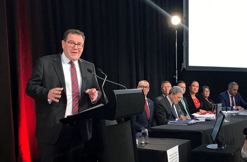 &copy; Reuters. FILE PHOTO: New Zealand's finance minister, Grant Robertson, speaks about the "wellbeing" budget in Wellington, New Zealand, May 30, 2019. REUTERS/Charlotte Greenfield/File Photo