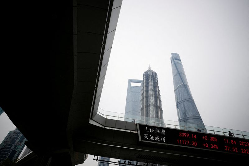 &copy; Reuters. FILE PHOTO: An electronic board shows Shanghai and Shenzhen stock indexes, at the Lujiazui financial district, following the coronavirus disease (COVID-19) outbreak, in Shanghai, China November 14, 2022. REUTERS/Aly Song/File Photo