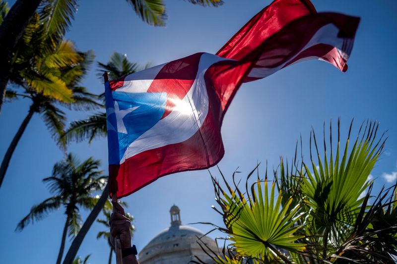 &copy; Reuters. FILE PHOTO: A person holds a Puerto Rican flag in front of the Capitol building during a protest of teachers demanding salary increase and better working conditions, in San Juan, Puerto Rico February 9, 2022. REUTERS/Ricardo Arduengo/