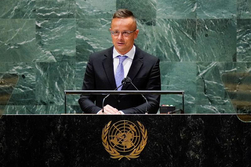 &copy; Reuters. FILE PHOTO: Hungary's Foreign Minister Peter Szijjarto addresses the 76th Session of the United Nations General Assembly, at the U.N. headquarters in New York, U.S., September 23, 2021. Mary Altaffer/Pool via REUTERS