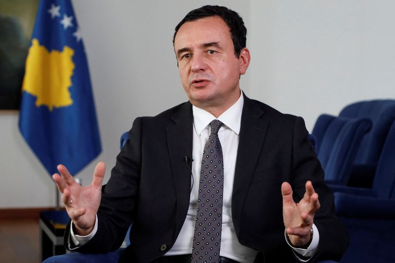 &copy; Reuters. FILE PHOTO: Kosovo's Prime Minister Albin Kurti speaks during an interview with Reuters at his office in Pristina, Kosovo August 10, 2022. REUTERS/Fedja Grulovic