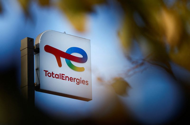 &copy; Reuters. FILE PHOTO: A sign with the logo of French oil and gas company TotalEnergies is pictured at a petrol station in Bouguenais near Nantes, France, November 14, 2022. REUTERS/Stephane Mahe/File Photo