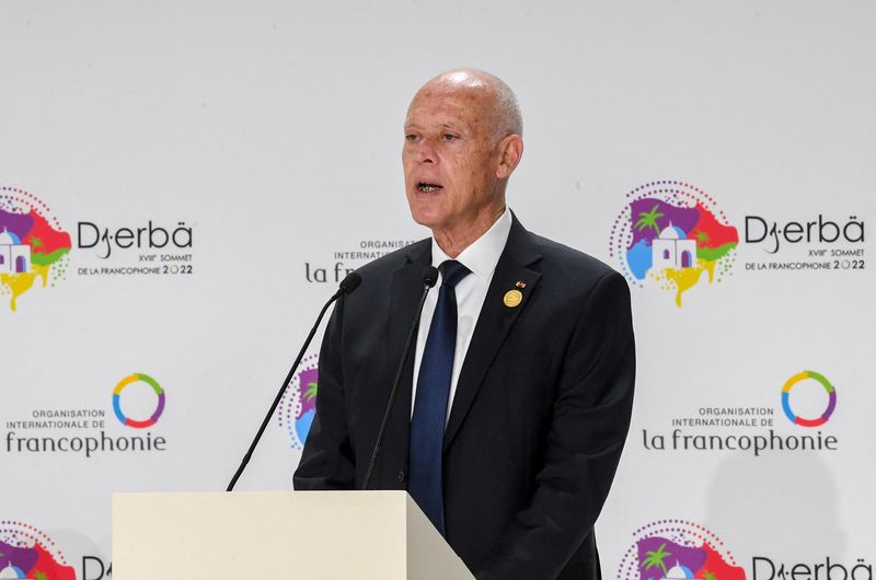 &copy; Reuters. FILE PHOTO: Tunisia's President Kais Saied speaks at the 18th Francophonie Summit in Djerba, Tunisia November 19, 2022. Tunisian Presidency/Handout via REUTERS