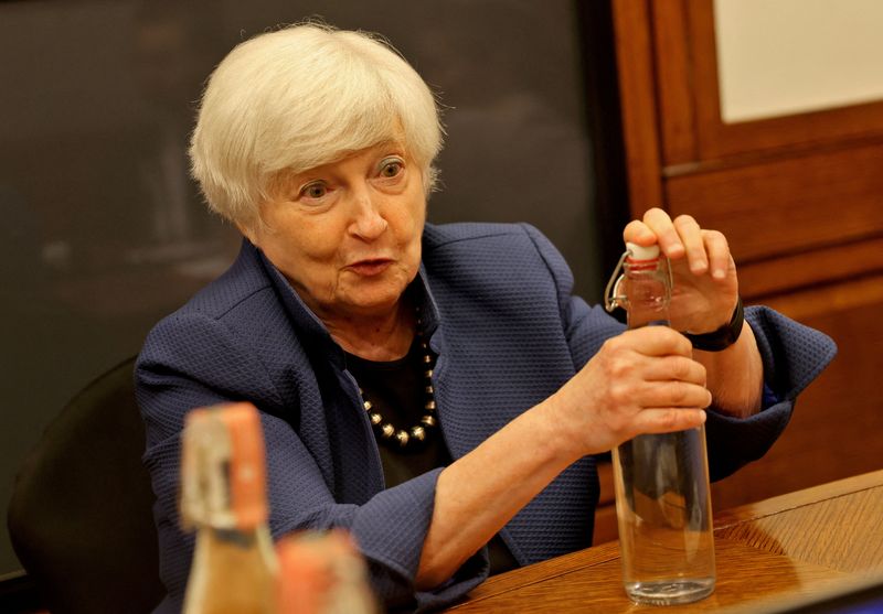 &copy; Reuters. FILE PHOTO: U.S. Treasury Secretary Janet Yellen opens a water bottle during her interview with Reuters in New Delhi, India, November 11, 2022. REUTERS/Altaf Hussain/File Photo