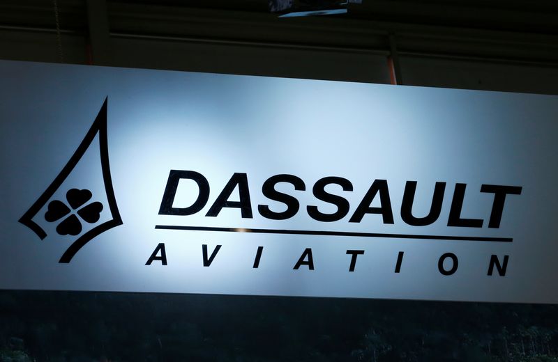 &copy; Reuters. FILE PHOTO: A logo of Dassault Aviation is pictured on their booth during the European Business Aviation Convention & Exhibition (EBACE) in Geneva, Switzerland, May 22, 2017.  REUTERS/Denis Balibouse