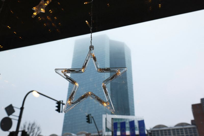 &copy; Reuters. The European Central Bank (ECB) building is seen from a cafe amid Christmas decorations, before the monthly news conference following the ECB's monetary policy meeting in Frankfurt, Germany December 15, 2022. REUTERS/Wolfgang Rattay