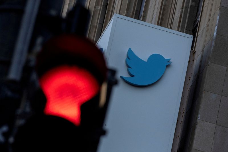© Reuters. FILE PHOTO: A view of the Twitter logo at its corporate headquarters in San Francisco, California, U.S. November 18, 2022. REUTERS/Carlos Barria/File Photo