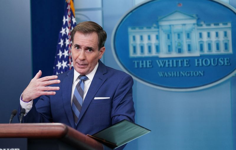 © Reuters. FILE PHOTO: White House National Security Council Strategic Communications Coordinator John Kirby speaks during a press briefing at the White House in Washington, U.S., November 28, 2022. REUTERS/Kevin Lamarque